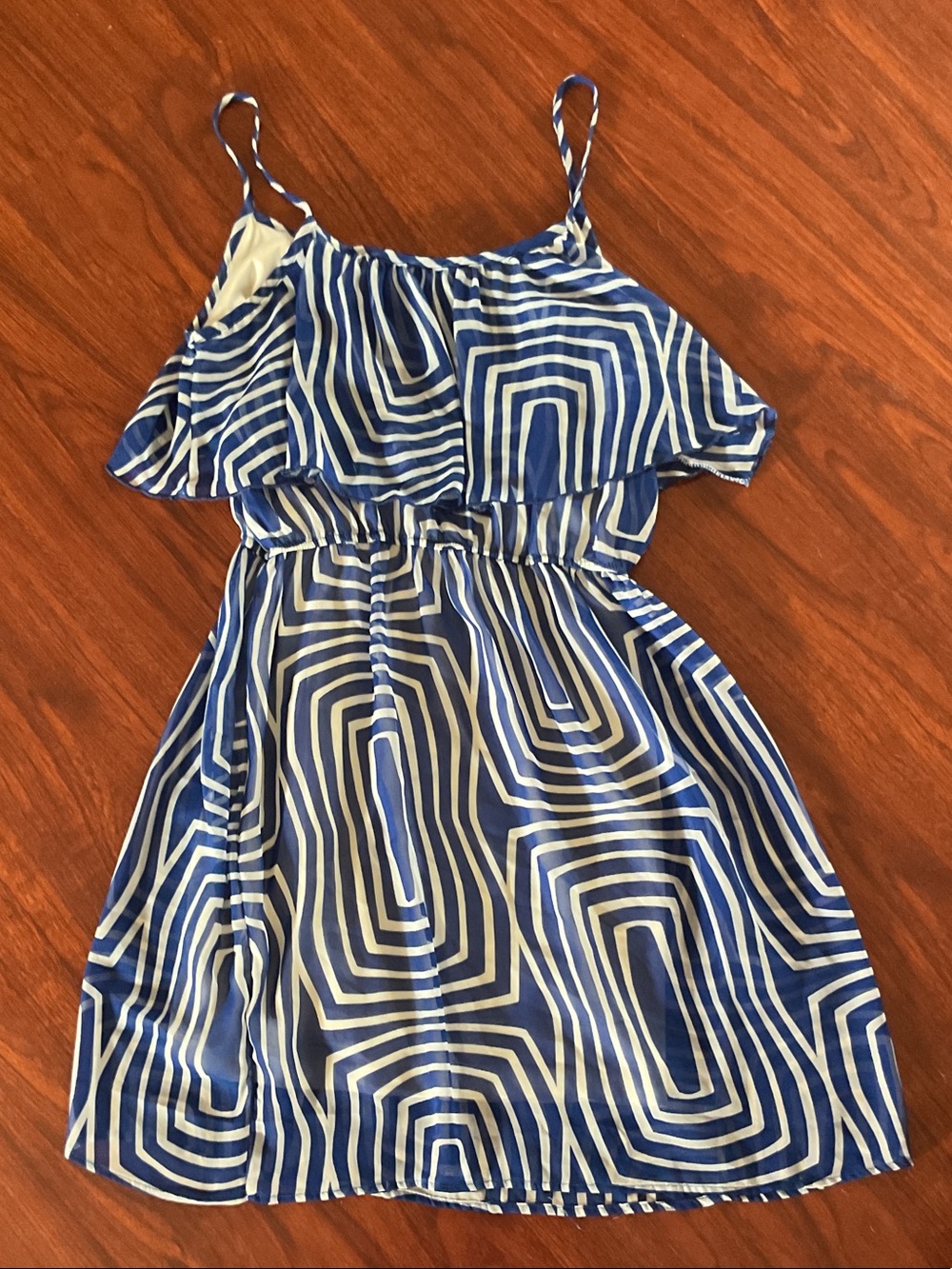 Noble U Blue and White Geometric Spaghetti-Strap Dress